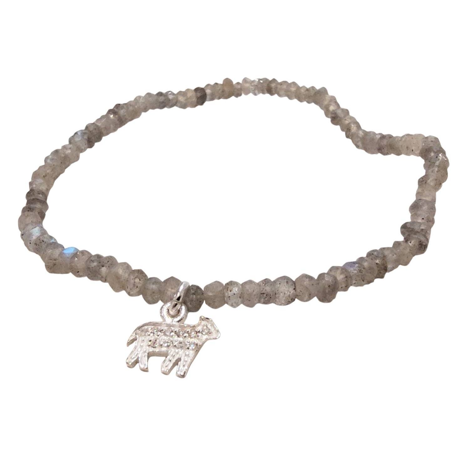 Johnny Was Crystal Cut Grey Beaded Stretch Bracelet With Silver Crystal Charm.
